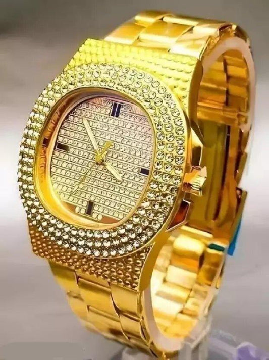 Golden Stone Studded Diamond Wrist Watch For Boys & Men